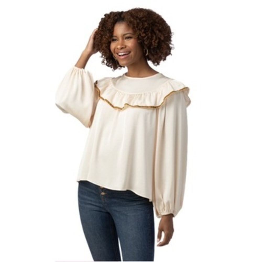 CROSBY Francine Women's‎ Cream Ruffle Trim Balloon Sleeve Blouse Top Size L